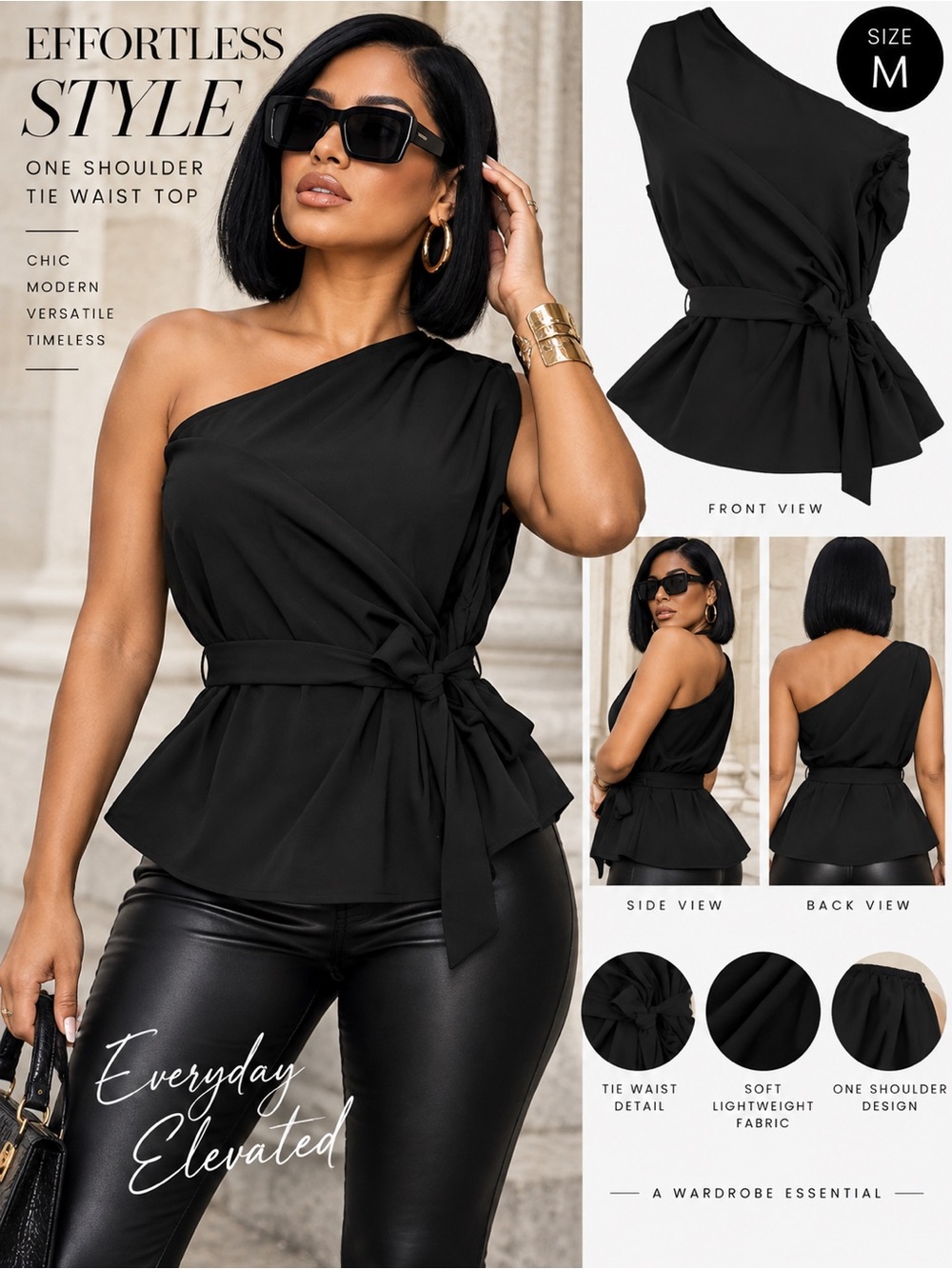 One-Shoulder Tie-Waist Tunic Top - Black